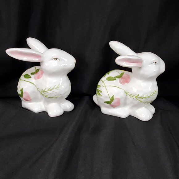 Ceramic Bunny Rabbit Figurines Spring Floral Design Decor Set Of 2 - Picture 7 of 10